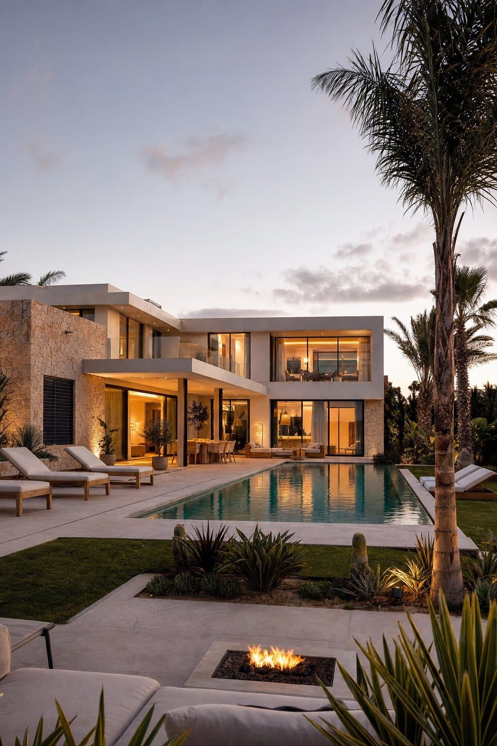 Mediterranean villa at dusk with lit interiors