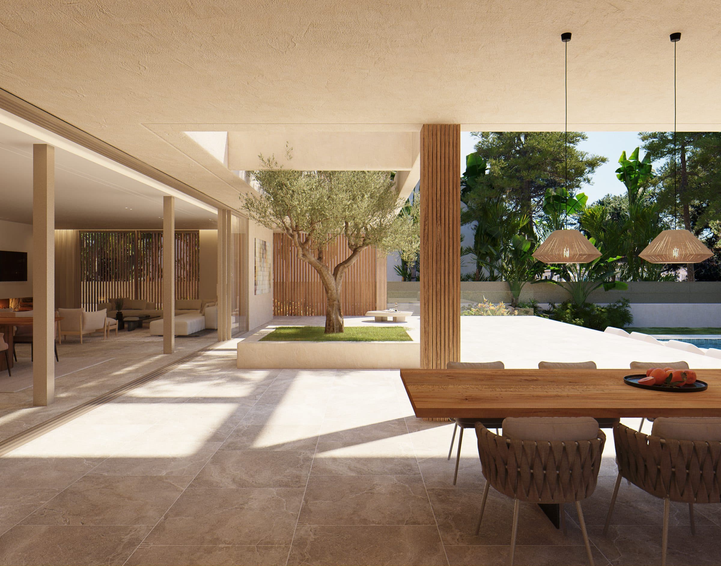 Covered terrace with olive tree in a Mallorca home